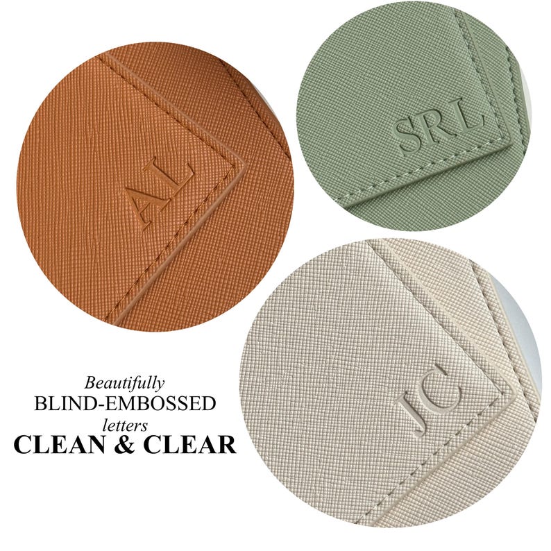 May include: Close-up of three sections of personalized leather goods in tan, sage green, and off-white. Each section features blind-embossed initials: AL, SRL, and JC. The image also includes the text "Beautifully BLIND-EMBOSSED letters CLEAN & CLEAR."