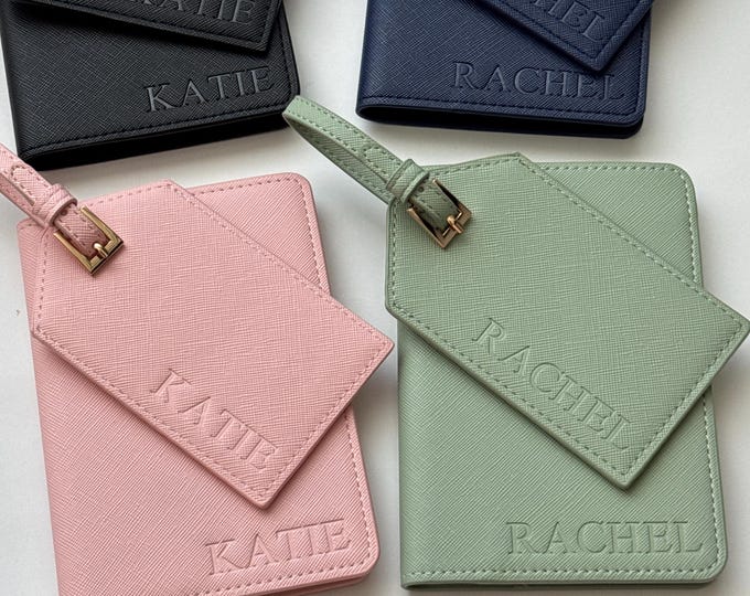 Personalized Passport Cover & Luggage Tag  Blind-Debossed Travel Gift | Wedding Favor Saffiano PU Leather