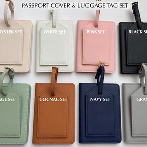 May include: A collection of passport covers and luggage tag sets in various colors, including oyster, white, pink, black, sage, cognac, navy, and gray. Each set includes a passport cover and a matching luggage tag.