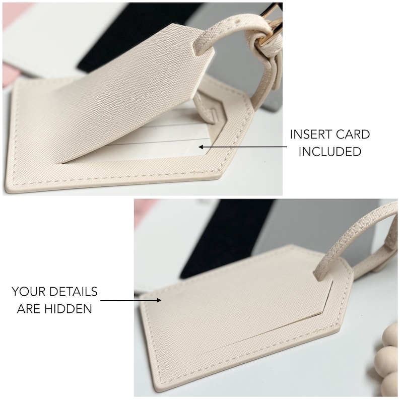 Puede incluir: Etiqueta de equipaje de color crema con un borde cosido y un lazo para sujetar. La etiqueta tiene una solapa que se abre para revelar un espacio para una tarjeta de inserci&oacute;n. El texto de la imagen dice: "INSERT CARD INCLUDED" y "YOUR DETAILS ARE HIDDEN."