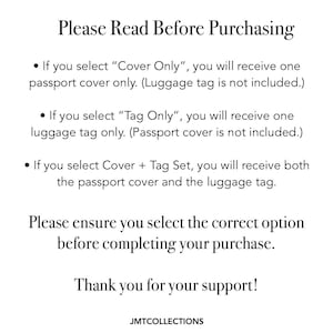 May include: White text on a white background reads "Please Read Before Purchasing" followed by bullet points explaining product options: cover only, tag only, or cover and tag set. The text also includes a thank you and the brand name.