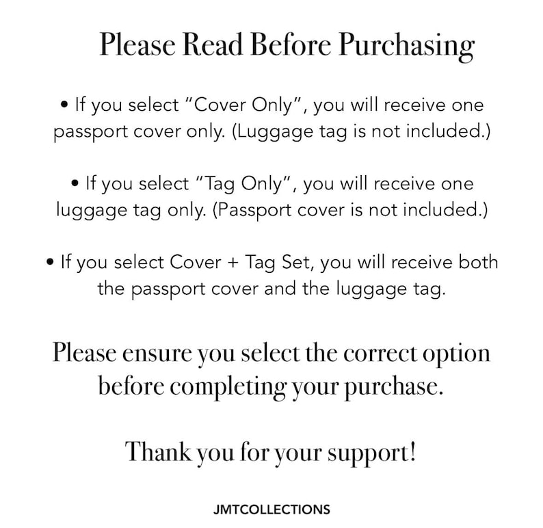 May include: White text on a white background reads "Please Read Before Purchasing" followed by bullet points explaining product options: cover only, tag only, or cover and tag set. The text also includes a thank you and the brand name.