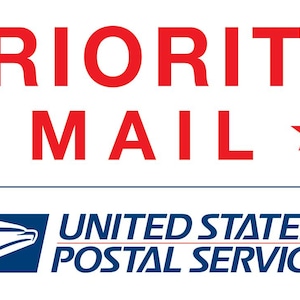 May include: A white background with the words "PRIORITY MAIL" in large red letters, with red stars. Below, the United States Postal Service logo and text are displayed in blue.
