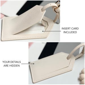 May include: A close-up of a cream-colored luggage tag with a strap. The tag has a rectangular shape with a stitched border and a flap that opens to reveal a space for a card. Text on the image reads: INSERT CARD INCLUDED and YOUR DETAILS ARE HIDDEN.