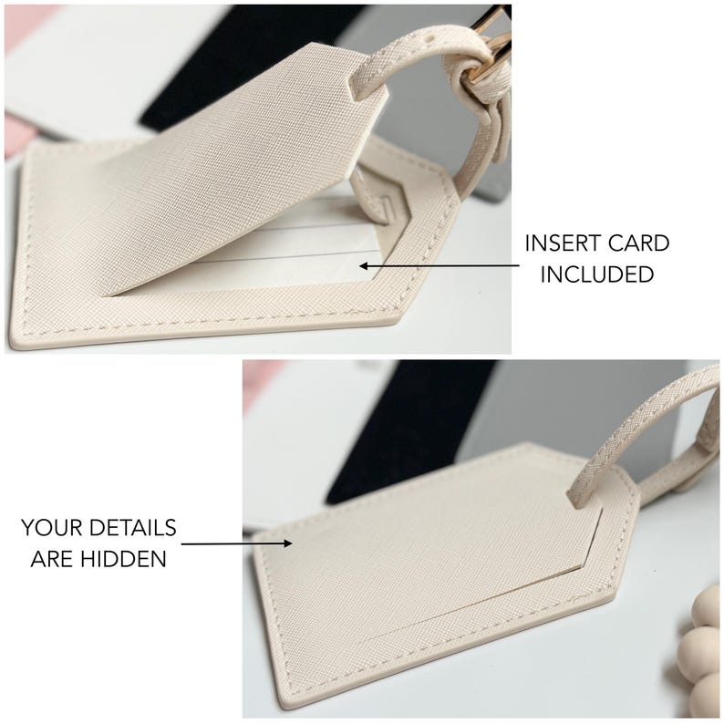 May include: A close-up of a cream-colored luggage tag with a strap. The tag has a rectangular shape with a stitched border and a flap that opens to reveal a space for a card. Text on the image reads: INSERT CARD INCLUDED and YOUR DETAILS ARE HIDDEN.