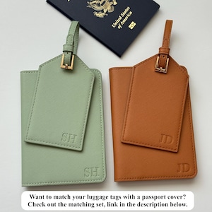 May include: Two leather luggage tags and passport covers in sage green and burnt orange. Each set includes a passport cover and a luggage tag with initials. A United States passport is visible in the background. The text on the image reads: Want to match your luggage tags with a passport cover?