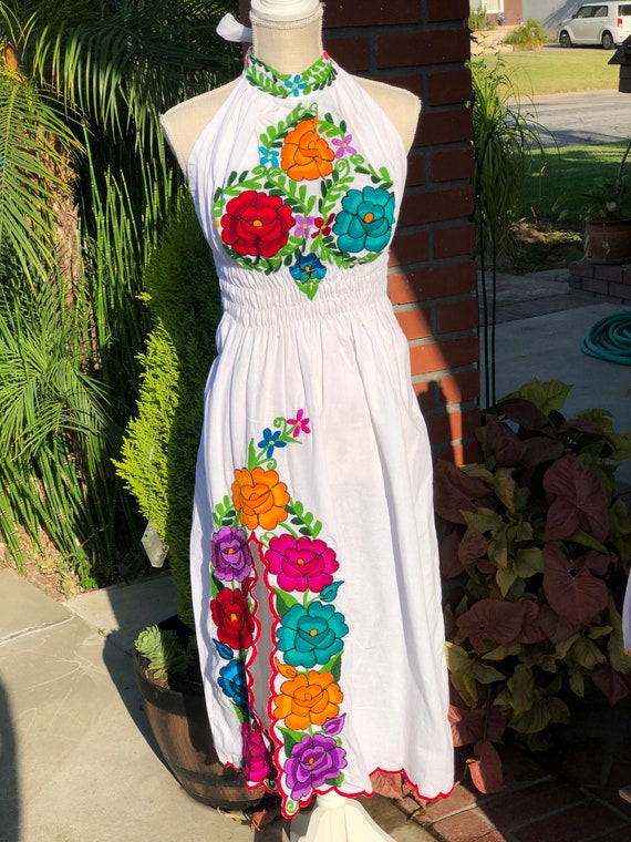 mexican embroidered halter dress Mexican Embroidered Halter Dress. Size S-2X. Wedding Style. Traditional Mexican Dress. Artisanal Mexican Party Dress. Latina Style.Plus Size