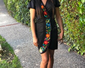 stretch mini dress with crystal trim overlap skirt