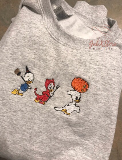 Huey Dewey And Louie Duck Trick Or Treat Halloween Embroidered Sweatshirt,  Cartoon Characters Halloween Shirt,Spooky Season, Scary Pumpkin