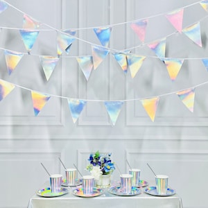 Iridescent Bunting Banner,Holographic Pennant Flag Banner,Triangle Pennant Banner Cotton Bunting,Fabric Bunting Garland,Party Decorations