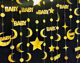 Gold Baby Garland Star Moon Circle Dot Streamer Star Moon Hanging Banner Baby Shower Decoration Gender Reveal Party Decoration Nursery Decor