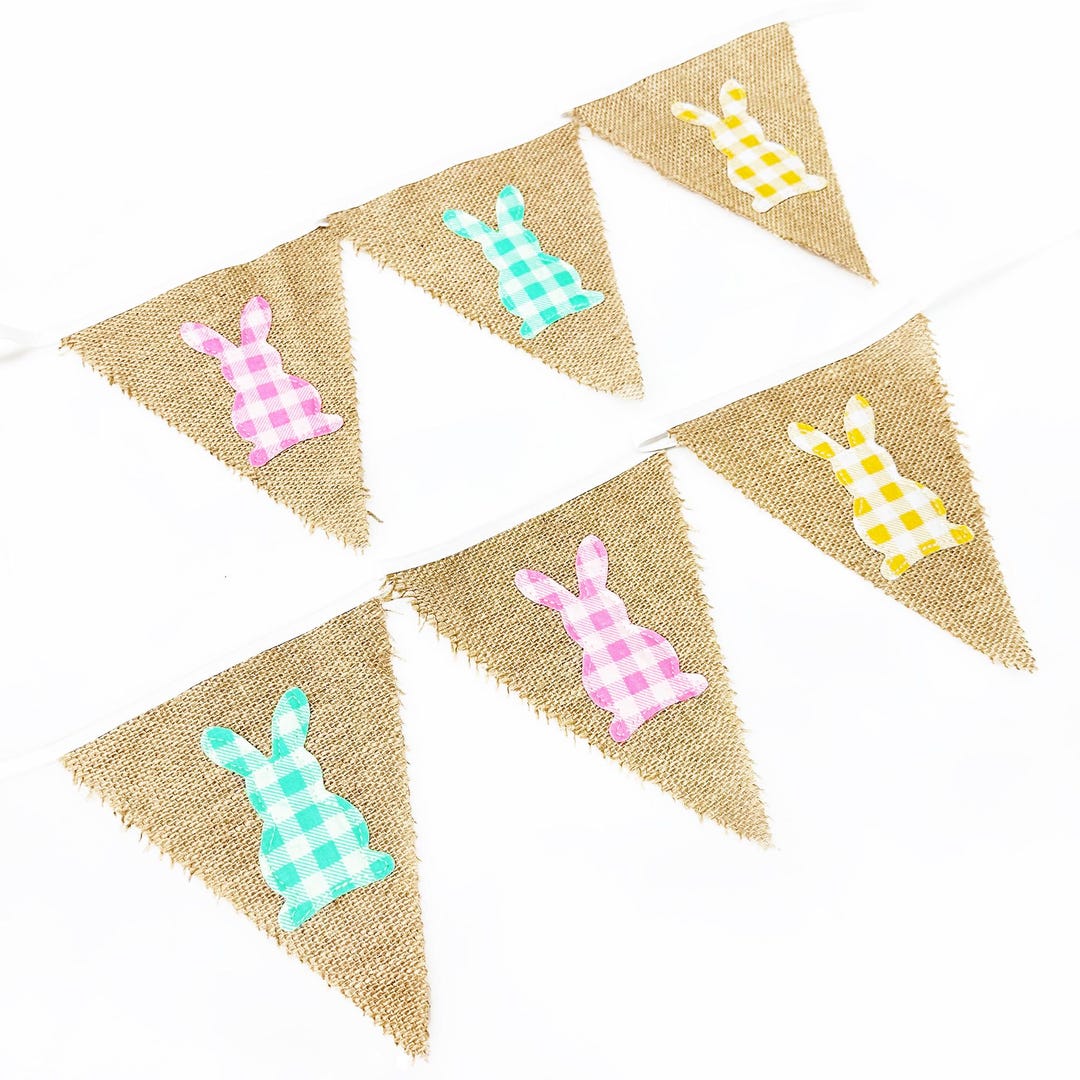 Easter Day Rabbit Burlap Banner, Pastel Plaid Bunny Burlap Pennant ...