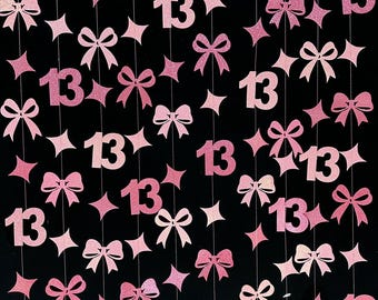 13th Bow Birthday Party Decoration,13th Birthday Glitter Pink Garland,13th Party Decorations,13th Anniversary Streamer Banner Party Supplies