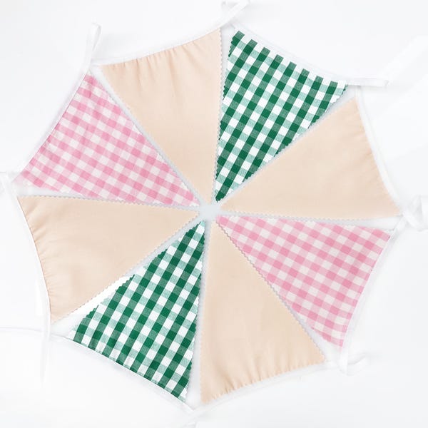 32Ft Pink Green Gingham Camp Bride Banner Checkered Fabric  Streamers for Camping Bachelorette Glamping Baby Shower Wedding Birthday Party