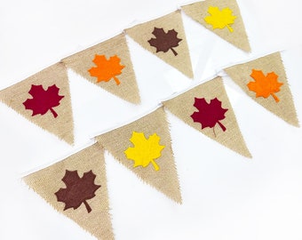 Fall Maple Leaves Burlap Banner, Linen Thanksgiving Bunting, Fabric Pennant Garland,  Autumn Harvest Triangle Flag Banner Party Decor