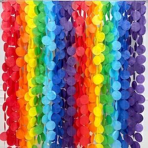 May include: A rainbow garland made of paper circles. The garland is made of multiple strands of circles in different colors, including red, orange, yellow, green, blue, indigo, and violet.