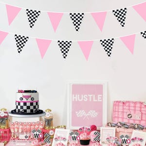 32Ft Pink Black White Checkered Racing Car Fabric Banner Triangle Flag Streamers for Girls Car Birthday Two Fast Baby Shower NASCAR Decor