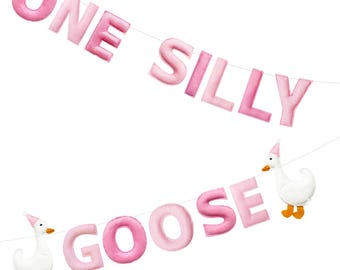 One Silly Goose Birthday Decorations Gradient Pink Felt Handmade Pre-Strung 3d Goose 1st Birthday Banner for Baby Girl First Bday Party