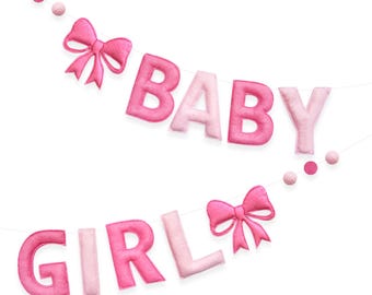Pink Bow Decor Handmade Felt Baby Girl Sign Wool Felt Ball Banner for Sweet Baby Girl It's a Girl Welcome Home Coquette Baby Shower Party