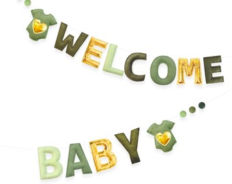 Sage Green Gold Baby Shower Decor Handmade Felt Metallic Gold Welcome Baby Sign Baby Clothes Wool Felt Banner for Neutral Baby Shower Party