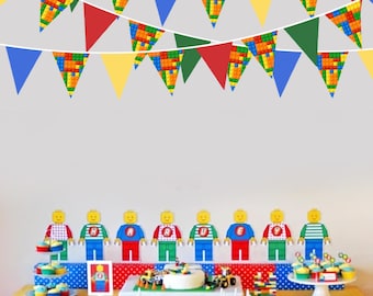 32Ft Red Blue Yellow Green Colorful Building Block Triangle Flag Pennant Bunting Banner Fabric Streamers for Kids Birthday Baby Shower Decor