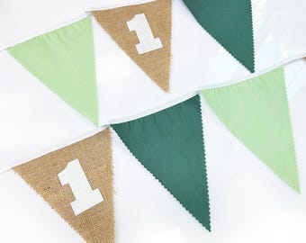 Sage Green 1st Birthday Burlap Banner, 1st Olive Green Bunting, Wild One Fabric Pennant Garland, Jungle  Triangle Flag Banner Party Decor