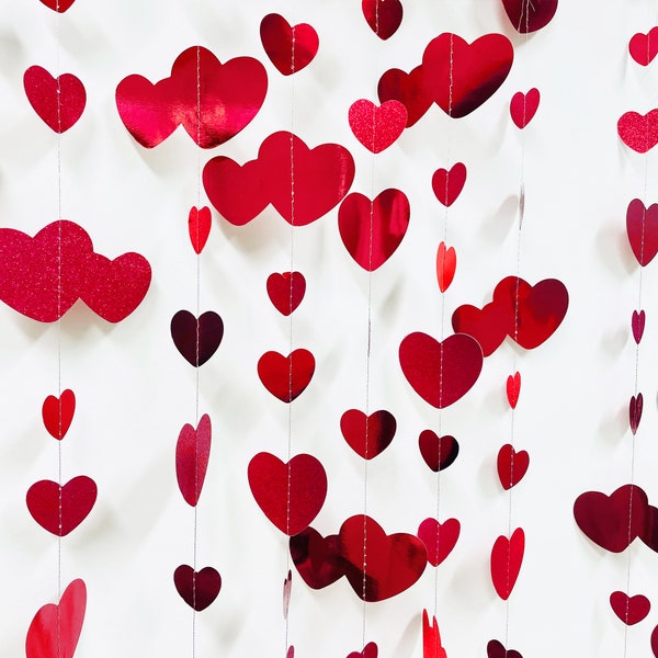 Heart Garland,Red Heart Garland,Metallic Glitter Hanging Heart Banner,Valentines Day Decoration for Home,Heart Backdrop,Paper Heart Garland