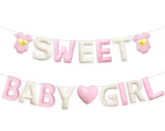 Pink Baby Shower Handmade Felt Sweet Baby Girl Sign Baby Clothes Heart Banner for It's a Girl Welcome Home Party Fireplace Mantle Decor