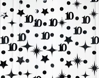 Black 10th Birthday Decorations, Number 10 Circle Star Garland, Metallic Hanging Streamer Backdrop for Girls Boys 10th Anniversary Party