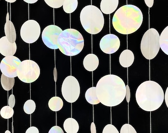 White Iridescent Paper Circle Garland,52 ft Hanging Holographic Polka Dots Streamer for Birthday Anniversary Wedding Pastel Party Decoration