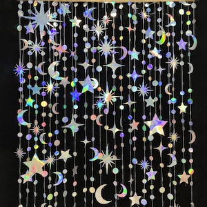 Guirlande d'étoiles de lune, guirlande en papier irisée d'étoiles de lune de 20 mètres, croissant suspendu et bannière à pois ronds, décoration Ramadan EID Mubarak