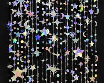 Star Moon Garland, 64 ft Iridescent Star Moon Paper Garland, Hanging Crescent and Star Streamer Circle Dot Banner Ramadan EID Mubarak Decor