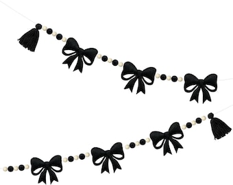 Black Bow Decorations Felt Handmade Bow Banner Garland Streamer with Wool Felt Ball for Nursery Classroom Baby Shower Fireplace Decor