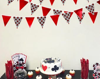 32Ft Red Black Casino Banner Triangle Flag Fabric Bunting Streamers for Game Night Las Vegas Theme Birthday Casino Poker Baby Shower Decor
