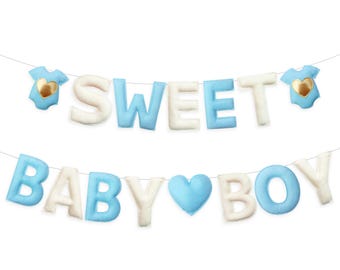 Blue Baby Shower Handmade Felt Sweet Baby Boy Sign Baby Clothes Heart Banner for It's a Boy Welcome Home Party Fireplace Mantle Decor