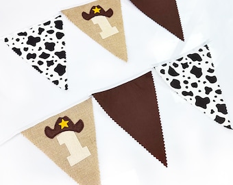 Western Cowboy 1st Birthday Burlap Banner, 1st Cow Pattern Bunting, Brown Fabric Pennant Garland, Boys Triangle Flag Banner Party Decor