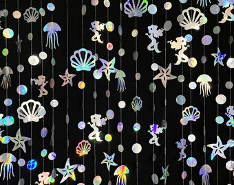 Mermaid Garland, 52ft Iridescent Mermaid Paper Garland, Jellyfish Seashell Starfish Pearl Streamer Garland, Under The Sea Party Decor