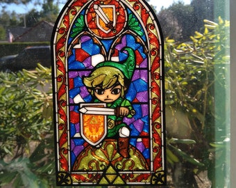 Adorno atrapasol con forma de espada y escudo inspirado en Zelda, estilo vitral para colgar en la ventana.