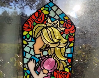 Adorno atrapasol de princesa inspirado en melocotón para colgar en la ventana, estilo vitral