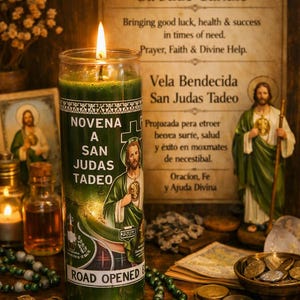May include: A green wax candle in a clear glass cylinder featuring an image of Saint Jude and the text NOVENA A SAN JUDAS TADEO and ROAD OPENED. The candle is lit with a bright flame and is surrounded by religious items including a crucifix.