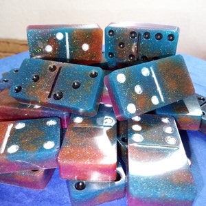 Blue Raspberry and Orange Shimmer Dominoe Set, 28 tiles, Standard Size, Resin Handmade, Games, Tiles, Table Games, Family Night