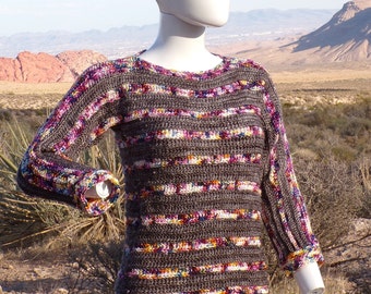 Sweater hand-dyed merino wool and mulberry silk, 3/4 sleeve, grey multi color striped, handmade super soft and squishy