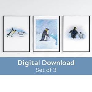 Printable Penguin wall art set of 3 / Penguin art for nursery decor, kids room wall art or play room / Cute Emperor Penguin prints