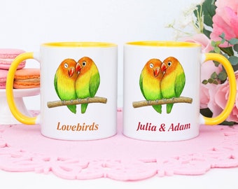 Lovebirds Personalized mug / Mug with budgie art /  Gift for couple / Love birds mug / Parrot art / Parrot painting