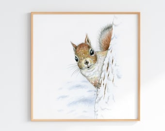May include: A watercolor illustration of a brown squirrel peeking out from behind a snow-covered tree trunk. The squirrel has a white belly and a bushy tail.