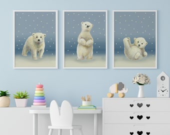 Polar Bear Cubs PRINTABLE art for nursery / Set of 3 prints / Polar Bear gifts / Funny bear print drawing