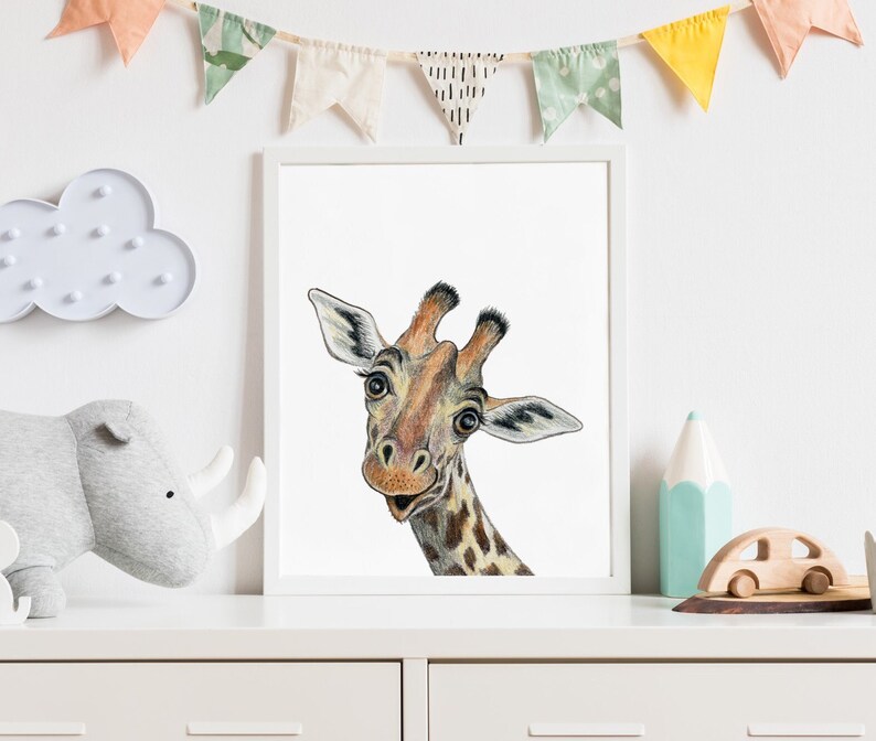 Funny Giraffe painting / Colored pencil art print / Giraffe nursery decor / Baby room pictures image 4