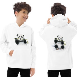 May include: White hoodie with a black and white panda bear graphic on the front and back. The panda is holding a piece of bamboo in its mouth.