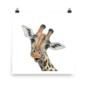 Funny Giraffe painting / Colored pencil art print / Giraffe nursery decor / Baby room pictures 12×12 inches