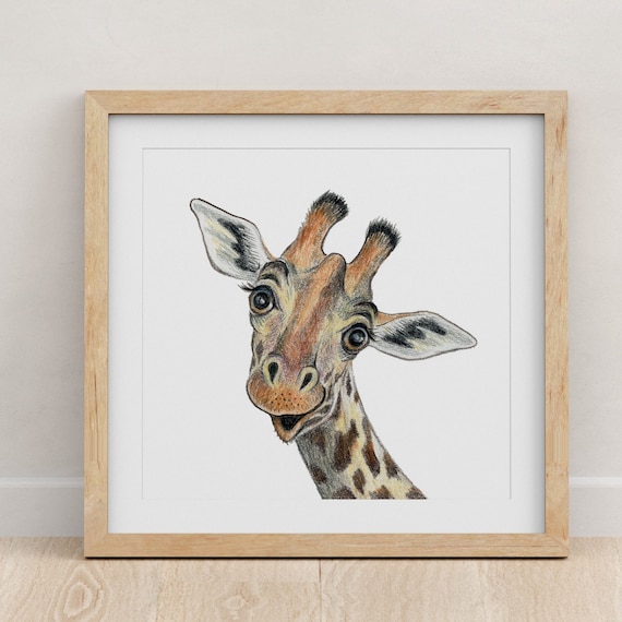 Funny Giraffe painting / Colored pencil art print / Giraffe nursery decor / Baby room pictures